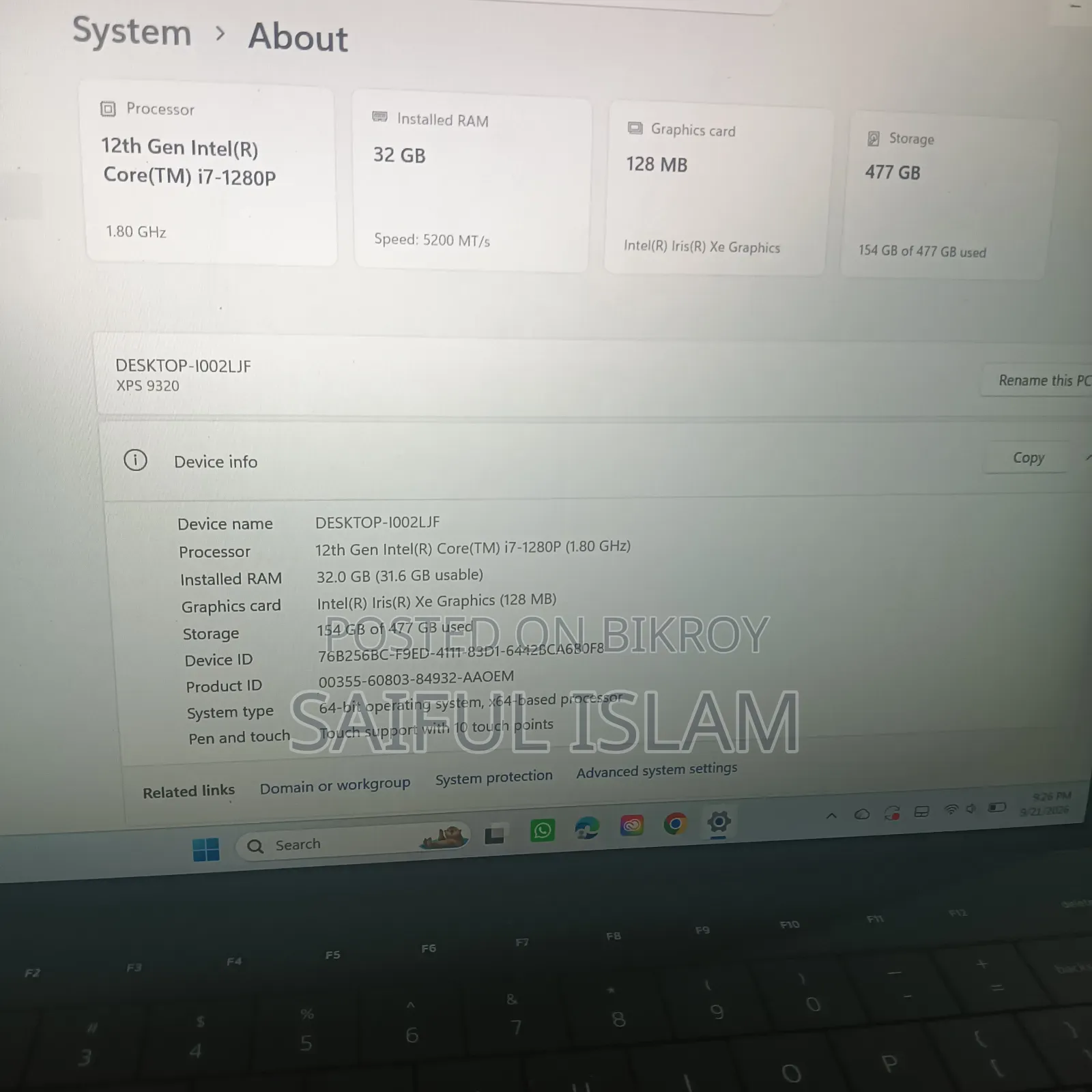 Laptop Dell XPS 13 9320 32GB Intel Core i7 SSD 512GB