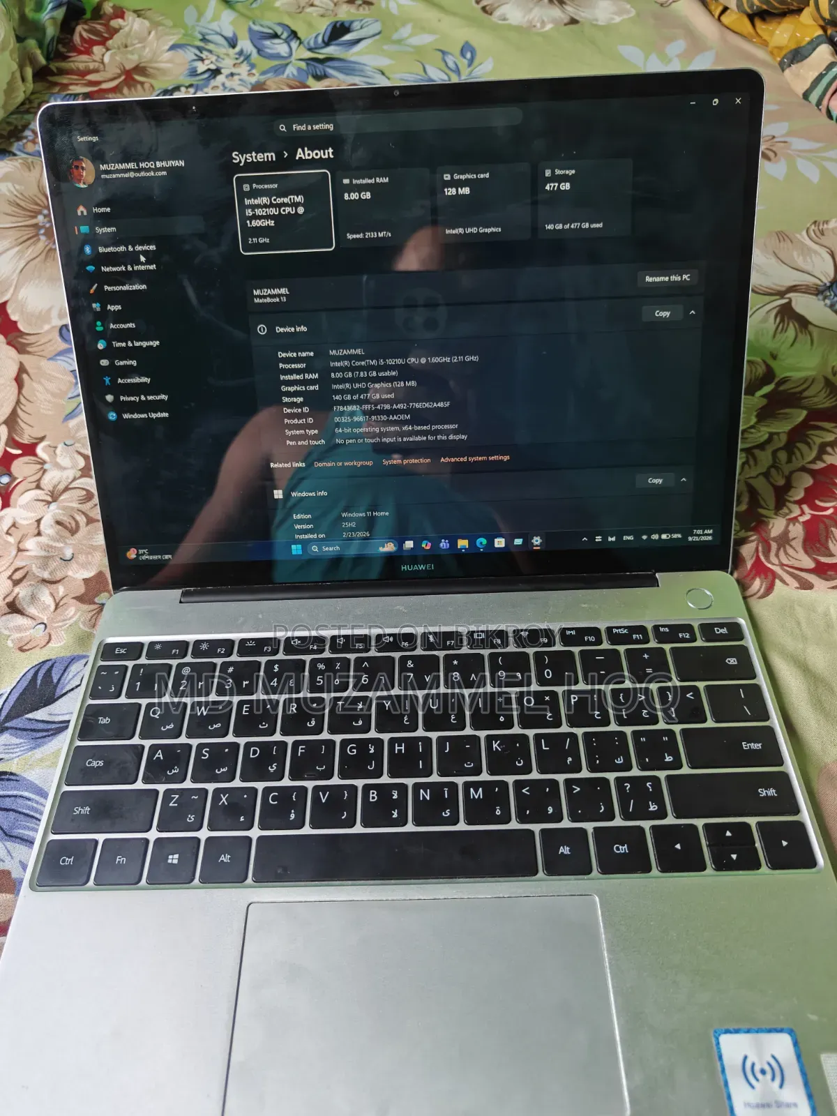 Laptop Huawei 8GB Intel Core i5 SSHD+SSD 512GB