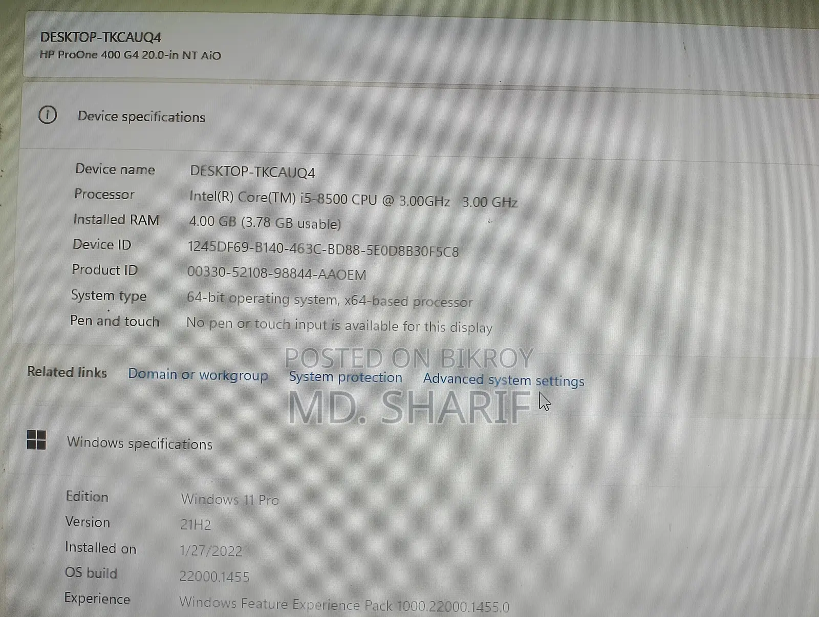 Desktop Computer HP ProDesk 400 G4 4GB Intel Core i5 SSD 256GB