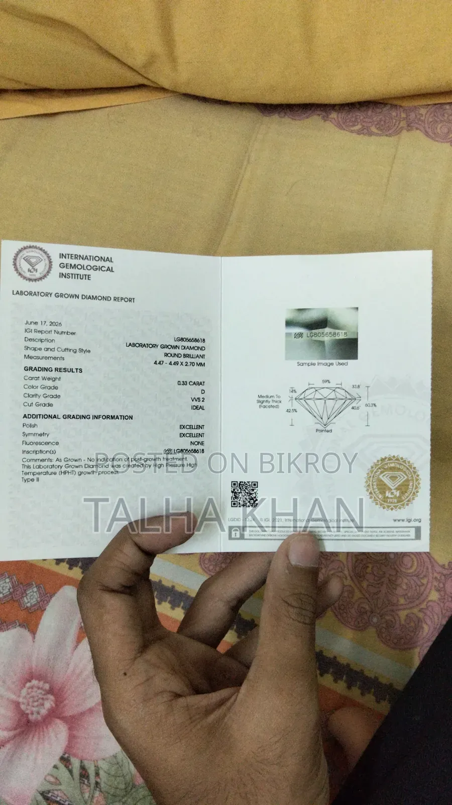 Diamond (0.33 Carat), IGI Certified