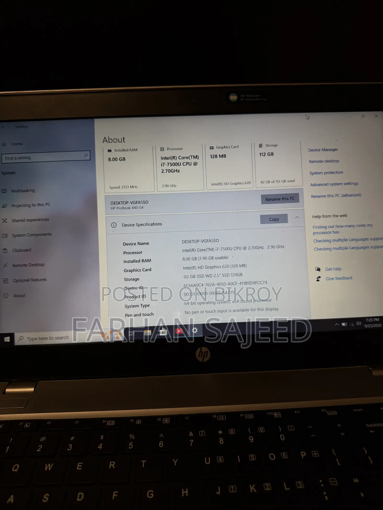 HP ProBook 440 G4 Laptop 8GB RAM Intel Core i7 128GB SSD