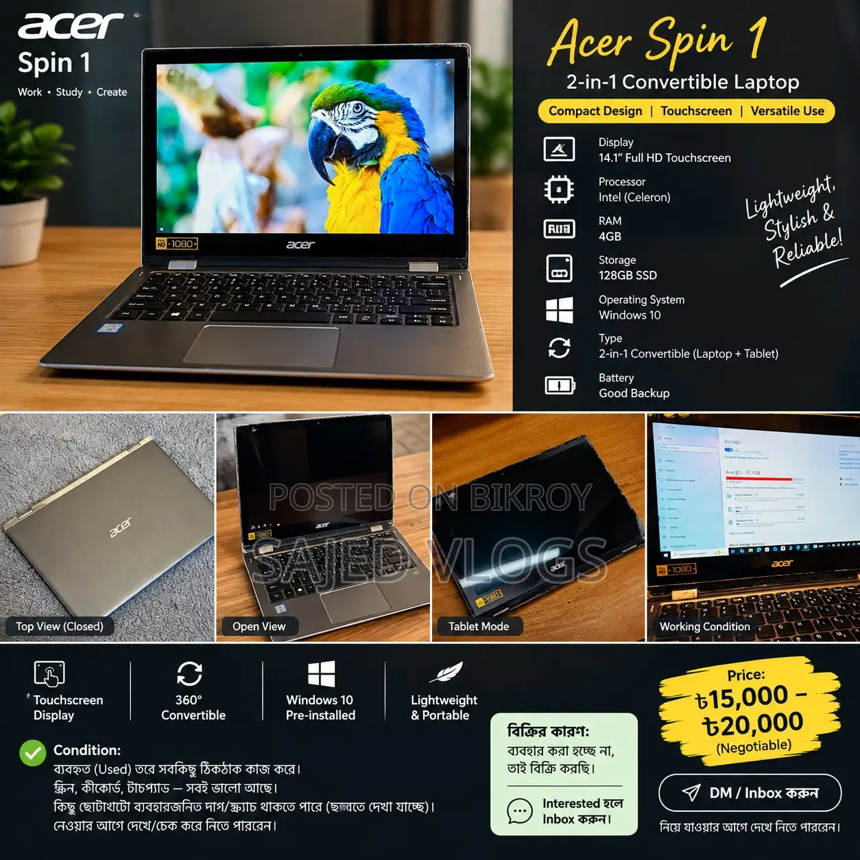 Laptop Acer Spin 1 4GB Intel Core i7 SSHD+SSD 128GB