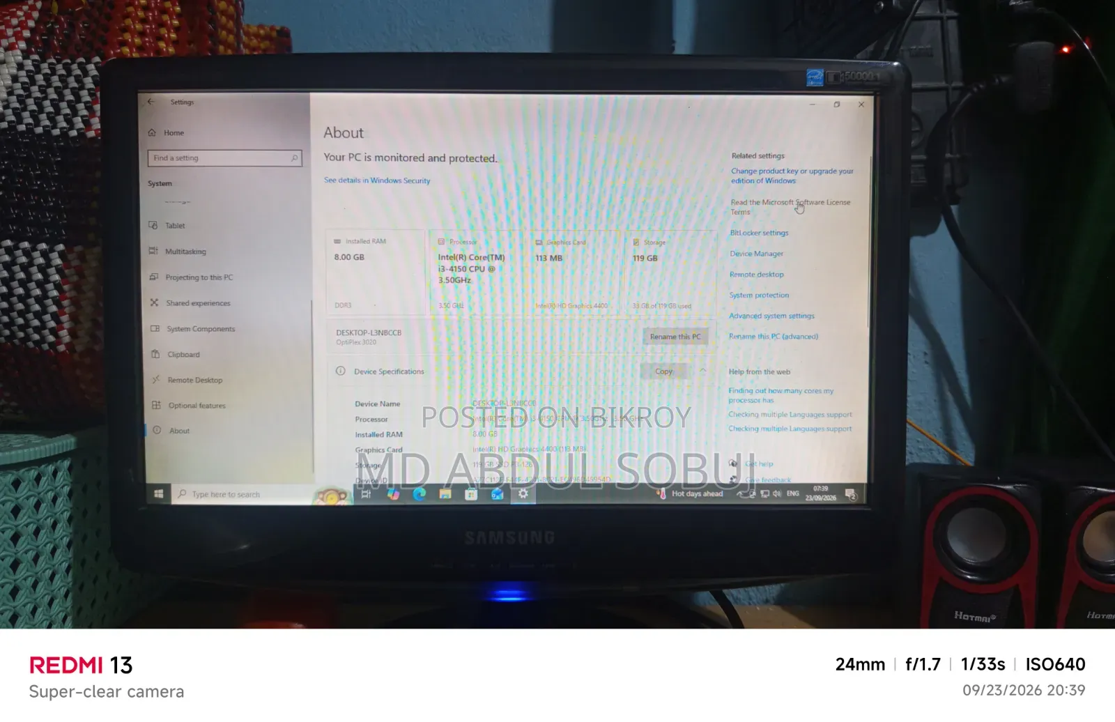 Desktop Computer Samsung 8GB Intel Core i3 HDD 128GB