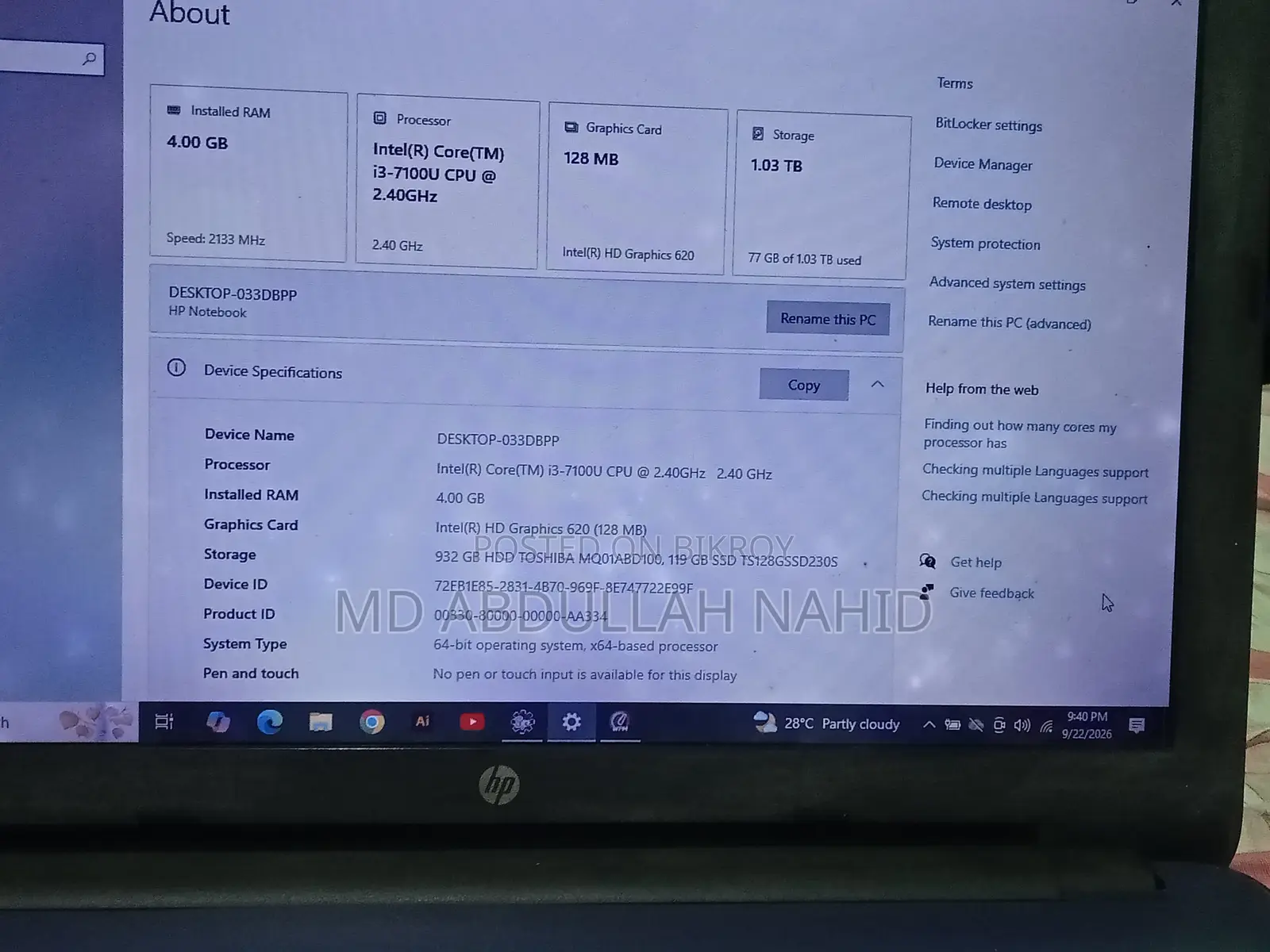 Laptop HP 4GB Intel Core i3 HDD 1T