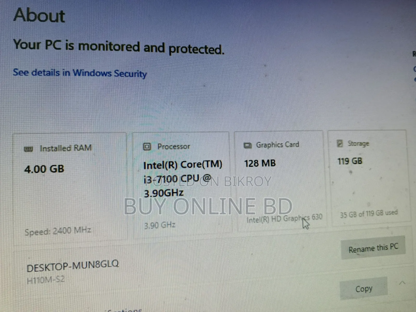 Desktop Computer Asus 4GB Intel Core i3 SSD 128GB
