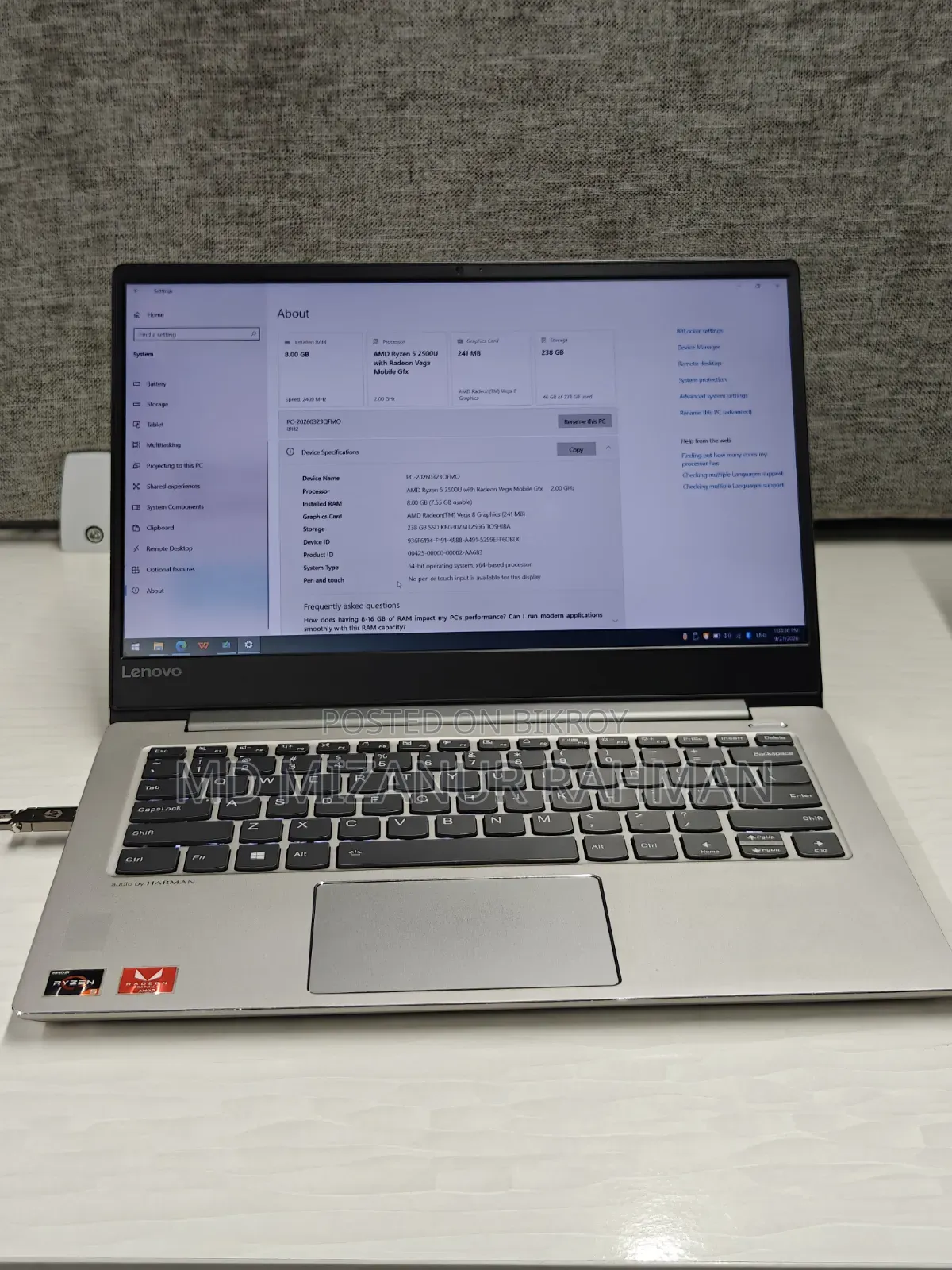 Laptop Lenovo 8GB AMD SSD 256GB