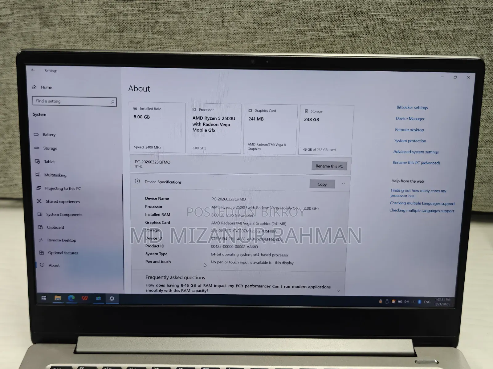 Laptop Lenovo 8GB AMD SSD 256GB