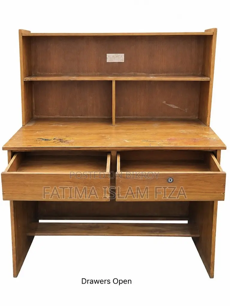Original Teak Wood Study Desk Bookshelf Drawers Vintage Solid Wood