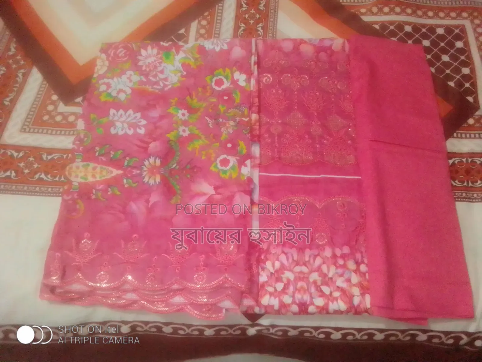 Cotton dress with embroidery and sequence work on the kamiz and dupatta.