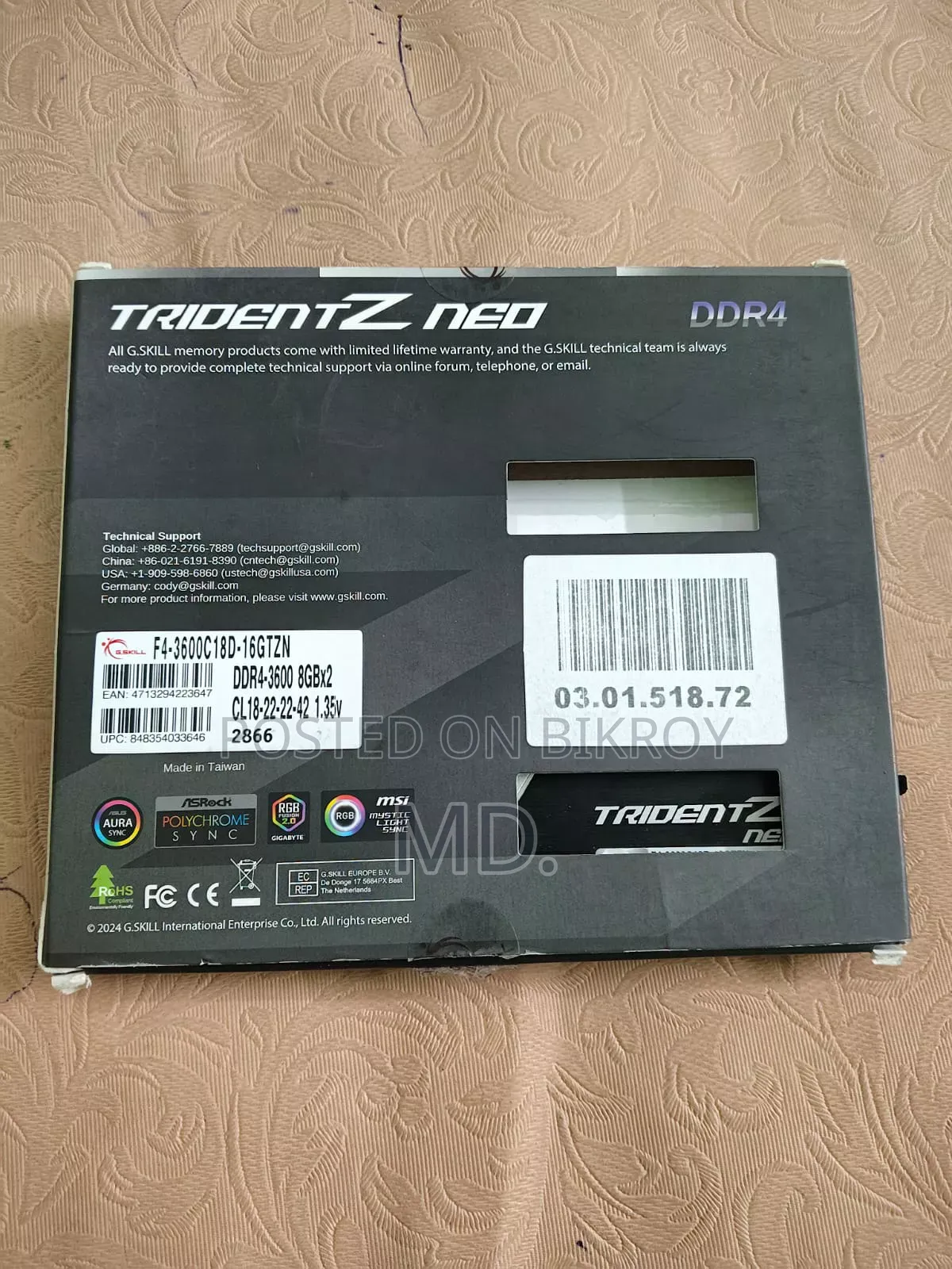 বিক্রয় হবে ফুল ফ্রেশ G.Skill 8GB DDR4 3600MHz Desktop RAM