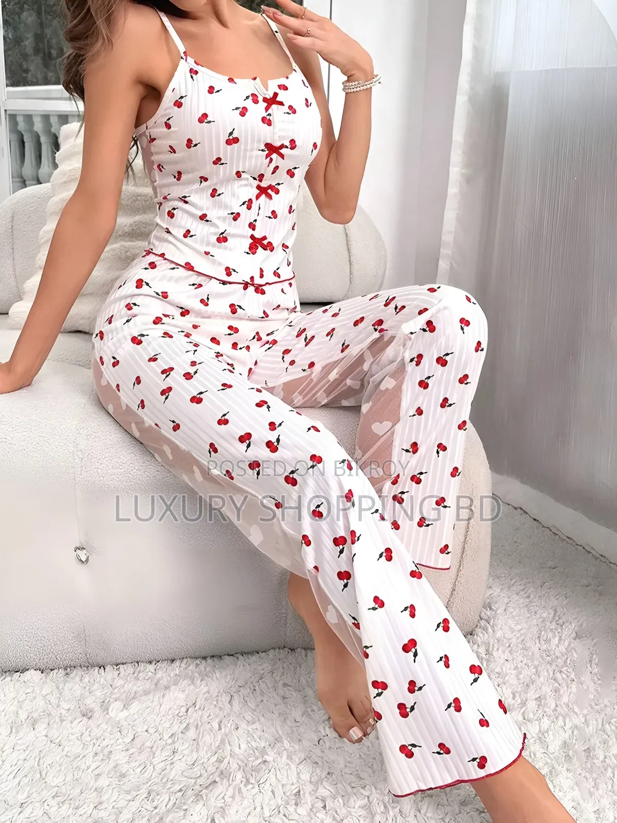 Women’s Cherry Print Pajama Set – Camisole Top & Sheer Mesh Long Pants