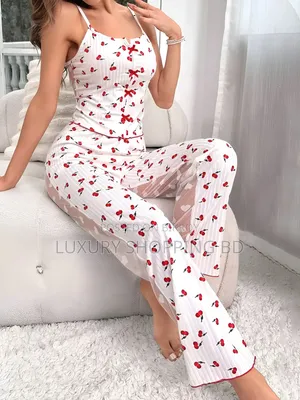 Women’s Cherry Print Pajama Set – Camisole Top & Sheer Mesh Long Pants