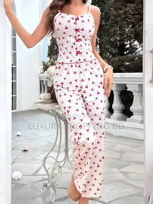 Women’s Cherry Print Pajama Set – Camisole Top & Sheer Mesh Long Pants
