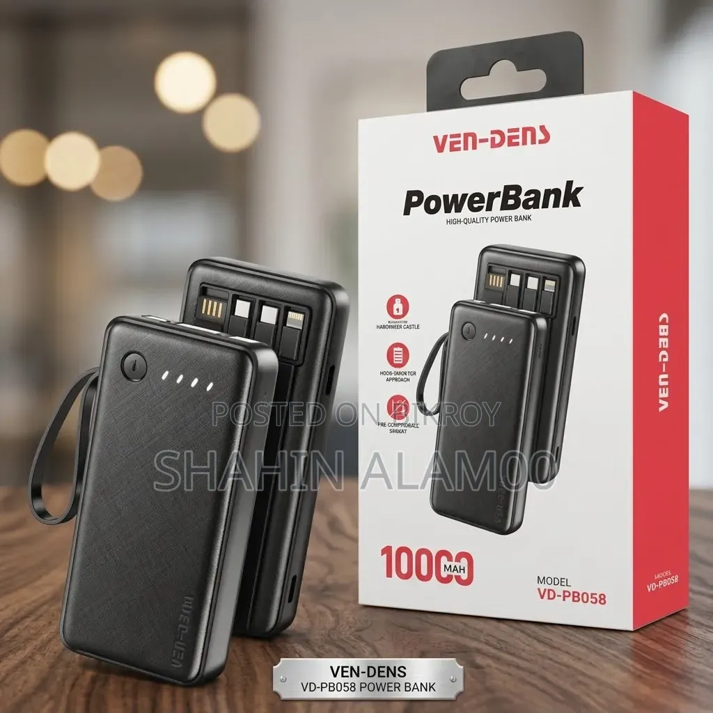 Ven Dens L High-Quality Poer Bank With Built-in Cables Hanging Strap