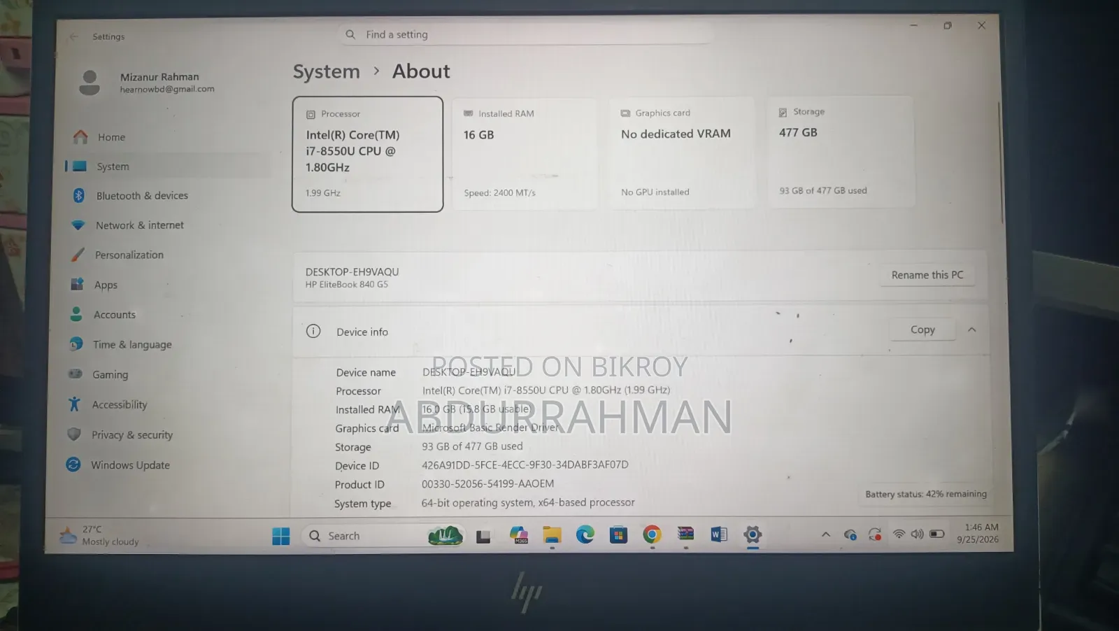 Laptop HP EliteBook 840 G5 16GB Intel Core i7 SSD 512GB