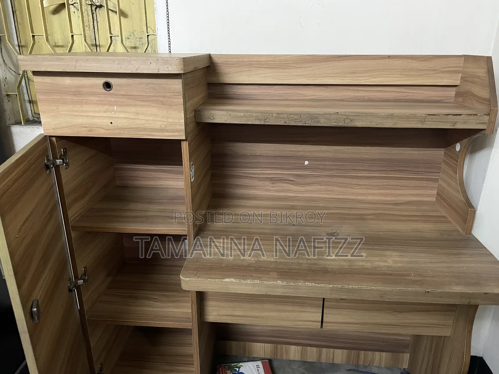 Wooden Study Table With Bookshelf Storage: Used