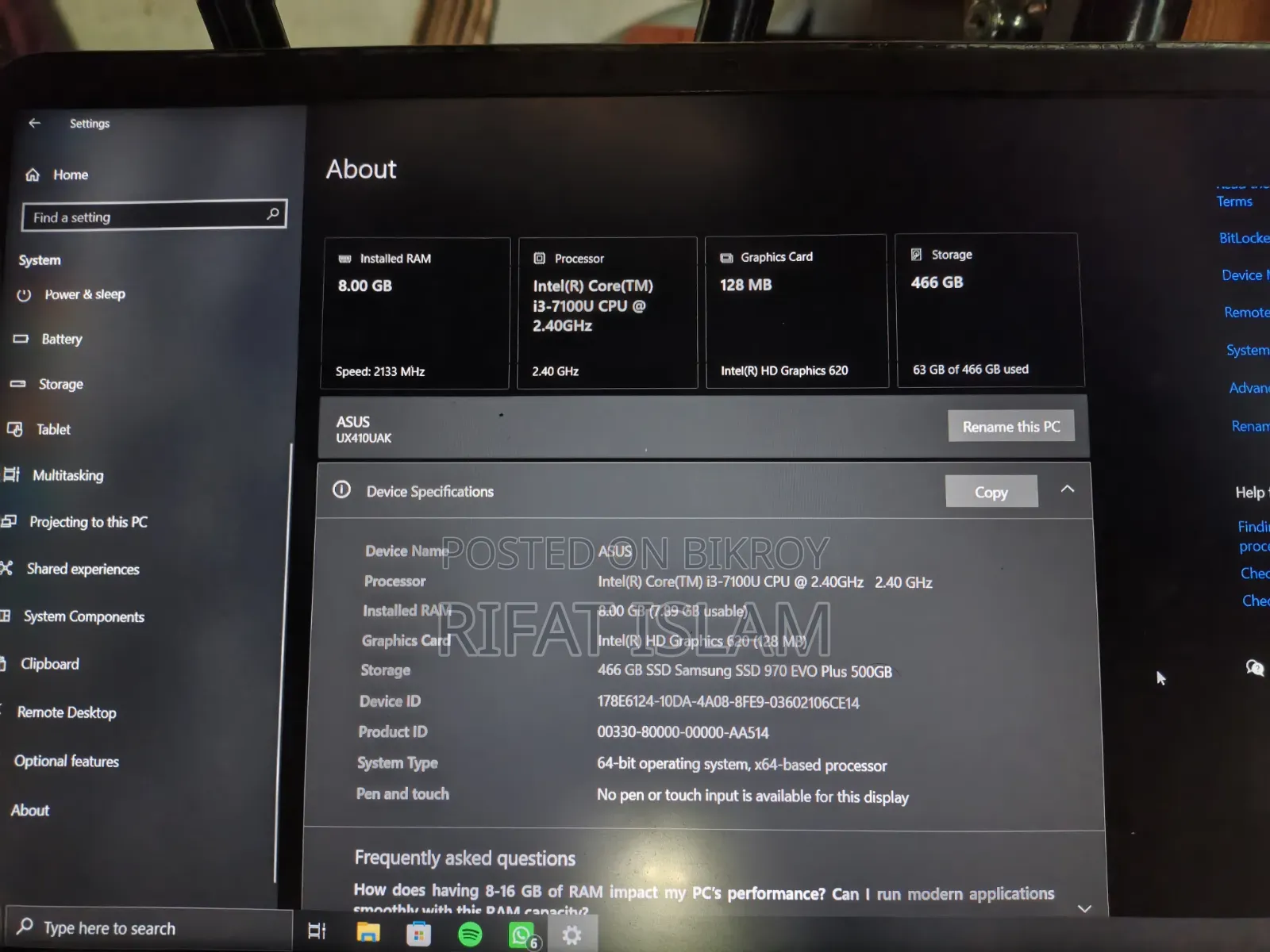 Laptop Asus ZenBook UX430UA 8GB Intel Core i3 SSD 512GB