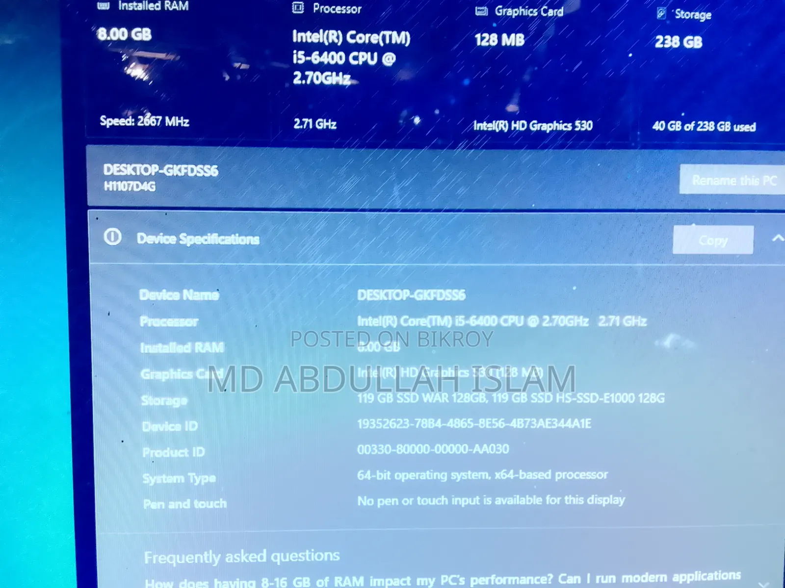 Desktop Computer 8GB Intel Core i5 SSD 256GB