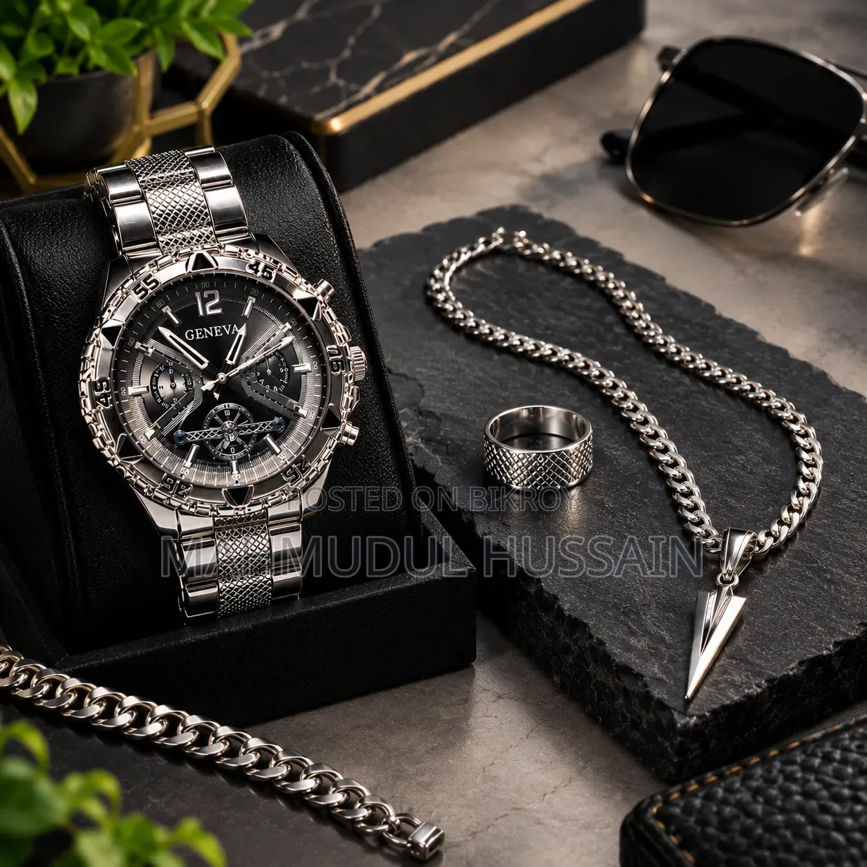 Silver Black Luxury 4-Piece Watch Set | Quartz Men's Watch