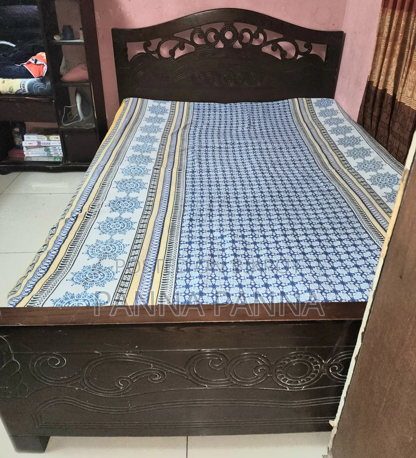 Malaysian Woodcut Bed. Very Good Condition. 5 Feet by 6 Feet