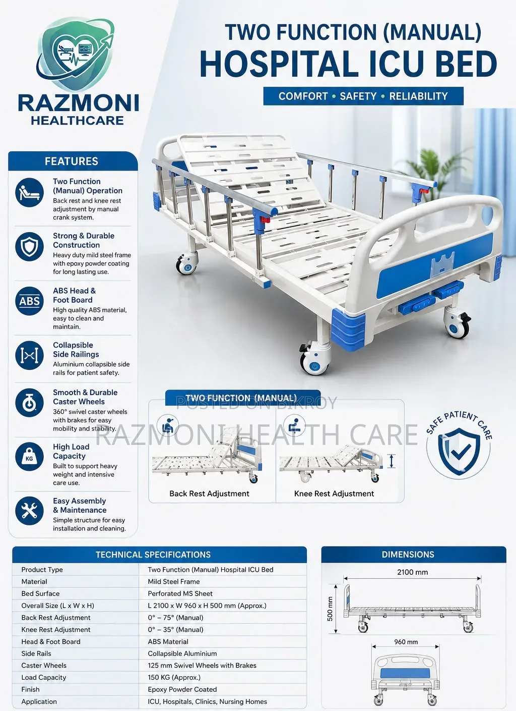 Two Function Manual Hospital Bed With Mattress