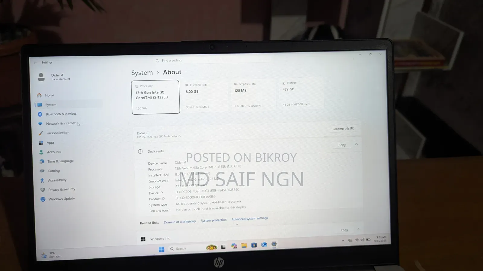Laptop HP 250 G10 8GB Intel Core i5 SSD 500GB