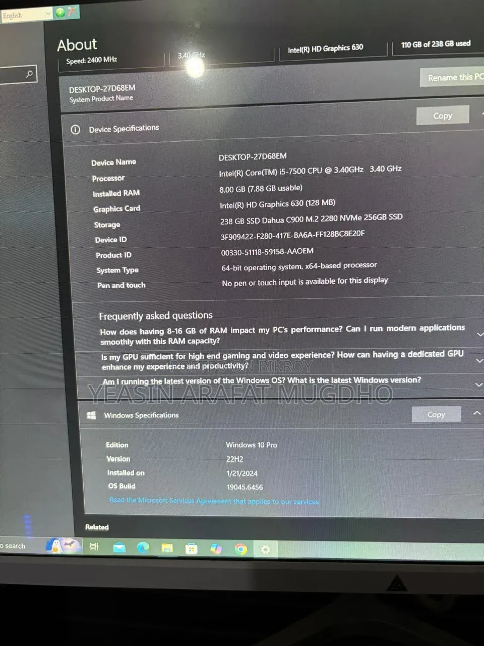Desktop Computer Asus 8GB Intel SSD 256GB