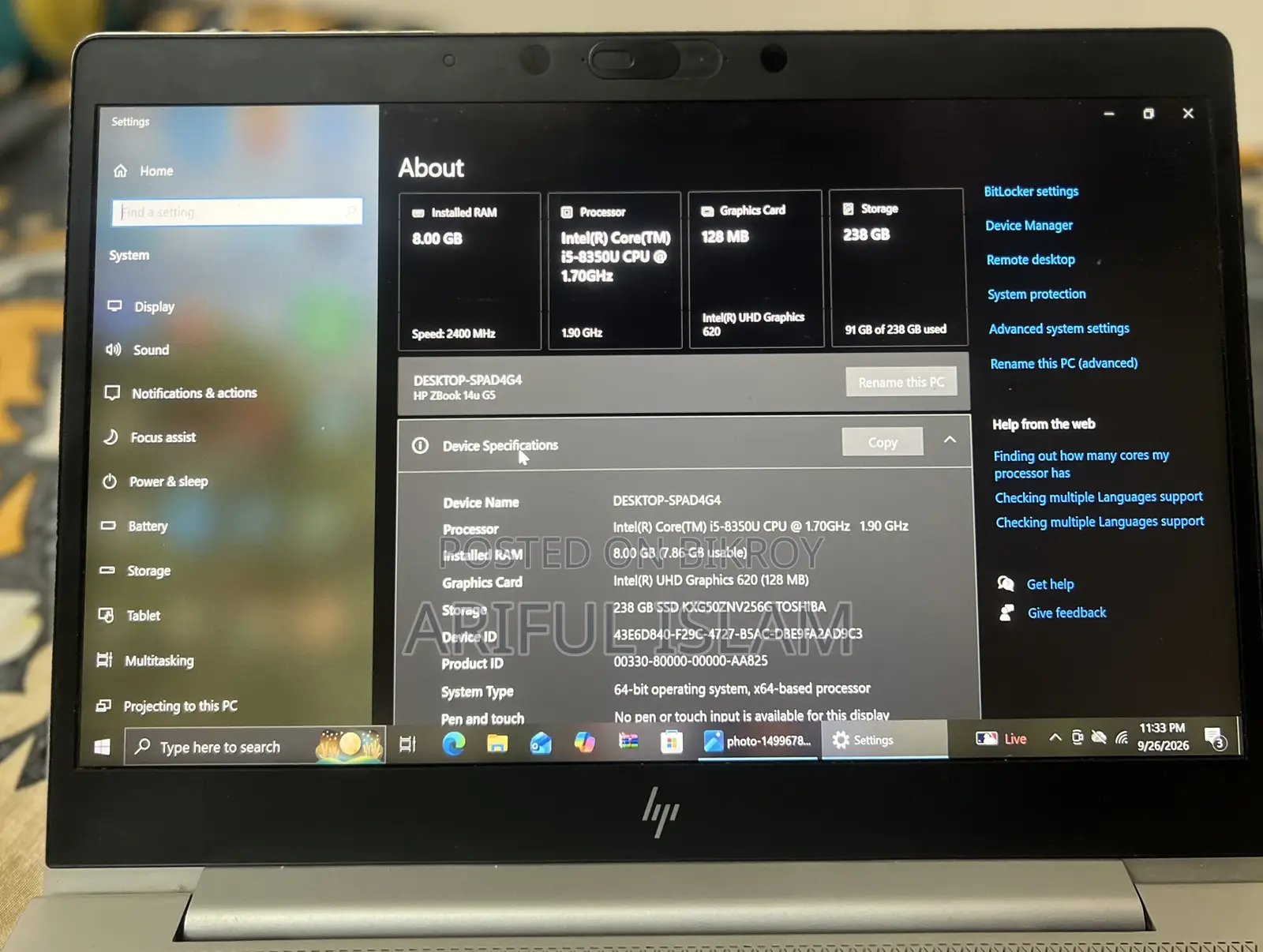 Laptop HP EliteBook 840 G5 8GB Intel Core i5 SSD 256GB