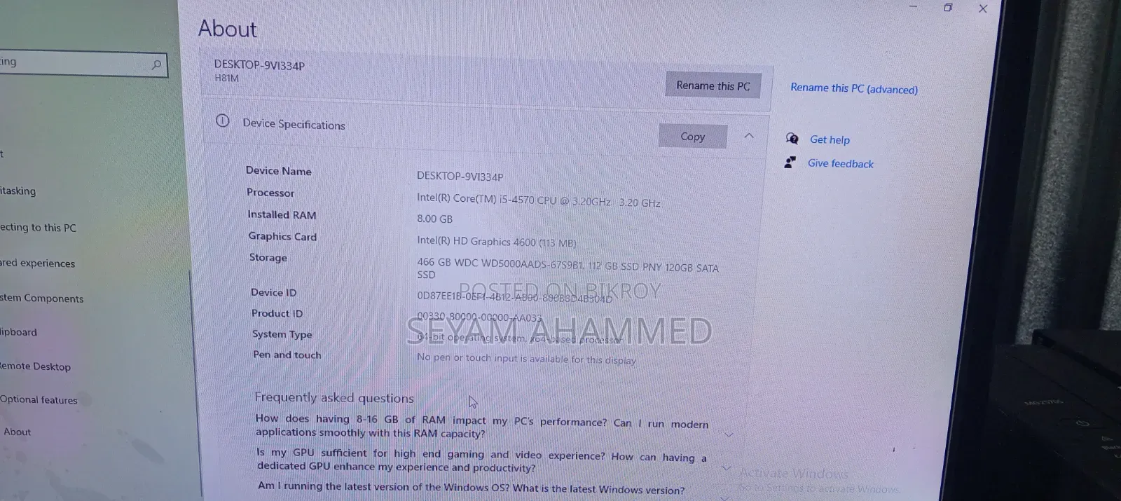 Desktop Computer 8GB Intel Core i5 SSHD+SSD 500GB