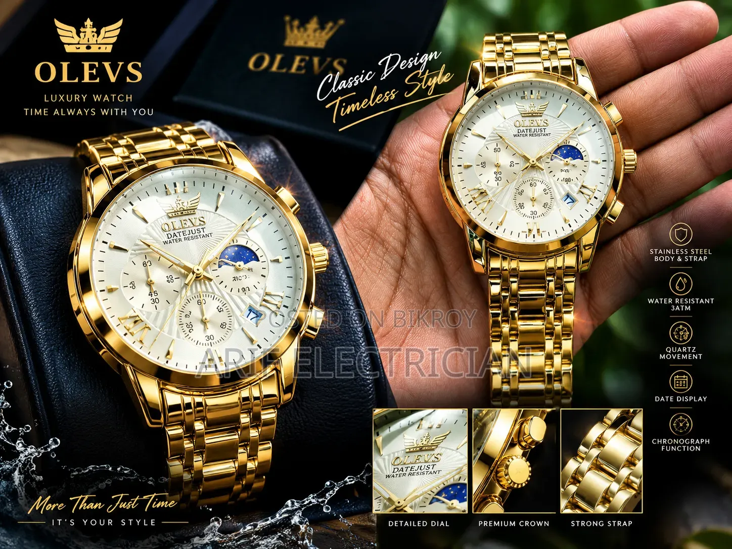 OLEVS লাক্সারি গোল্ড ওয়াচ | প্রিমিয়াম ক্রونوগ্রাফ