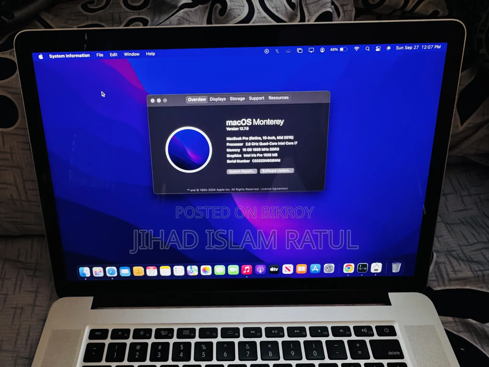 Laptop Apple MacBook Pro 2015 16GB Intel Core i7 SSD 500GB