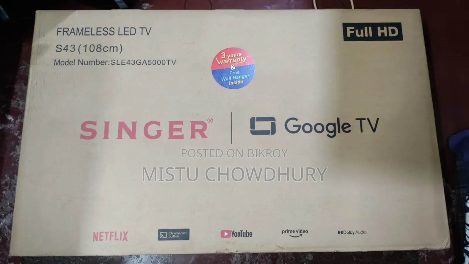 ৪৩" সিঙ্গার ফ্রেমলেস গুগল টিভি