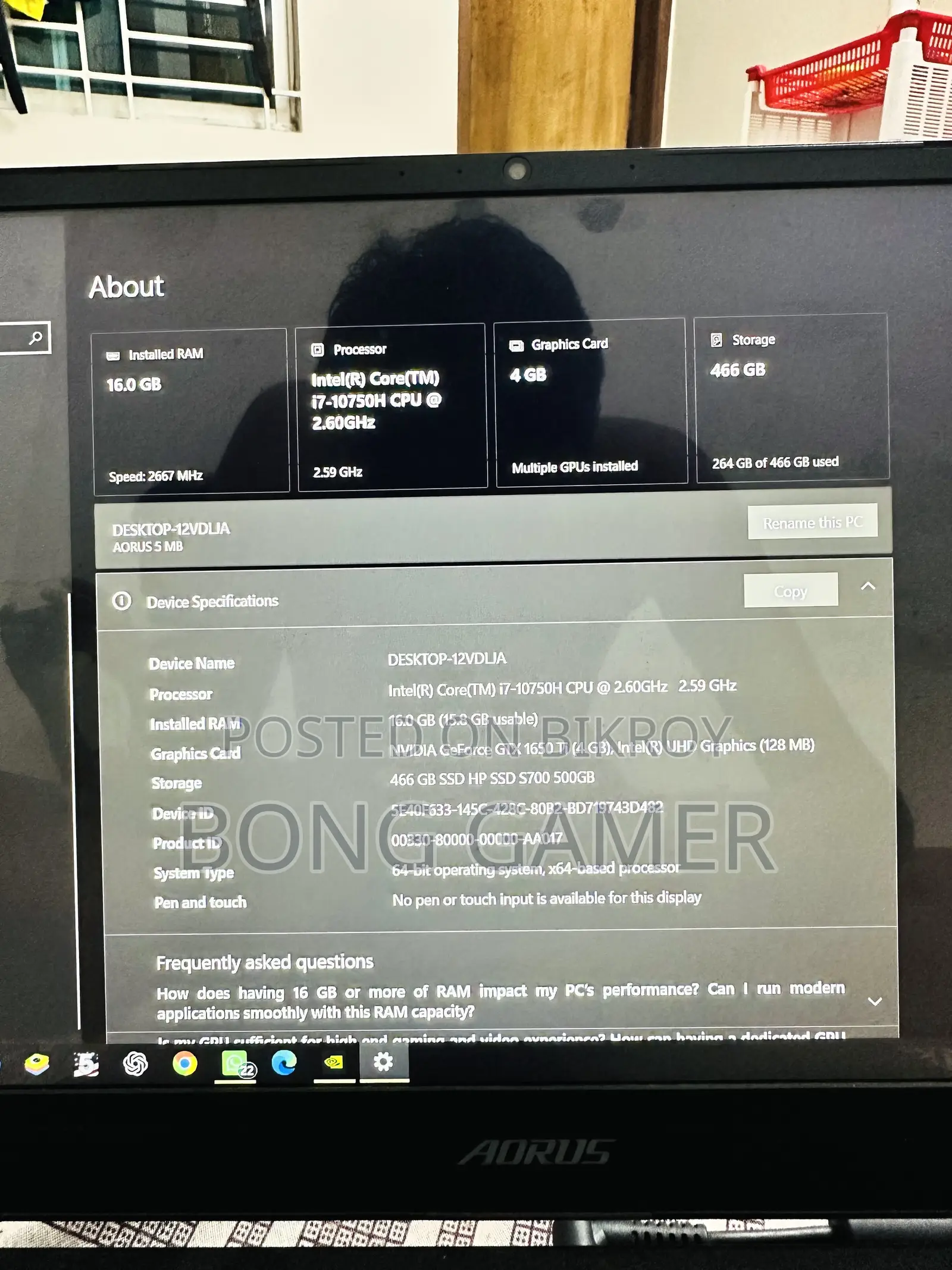 Laptop Gigabyte AORUS 5 16GB Intel Core i7 HDD+SSD 512GB