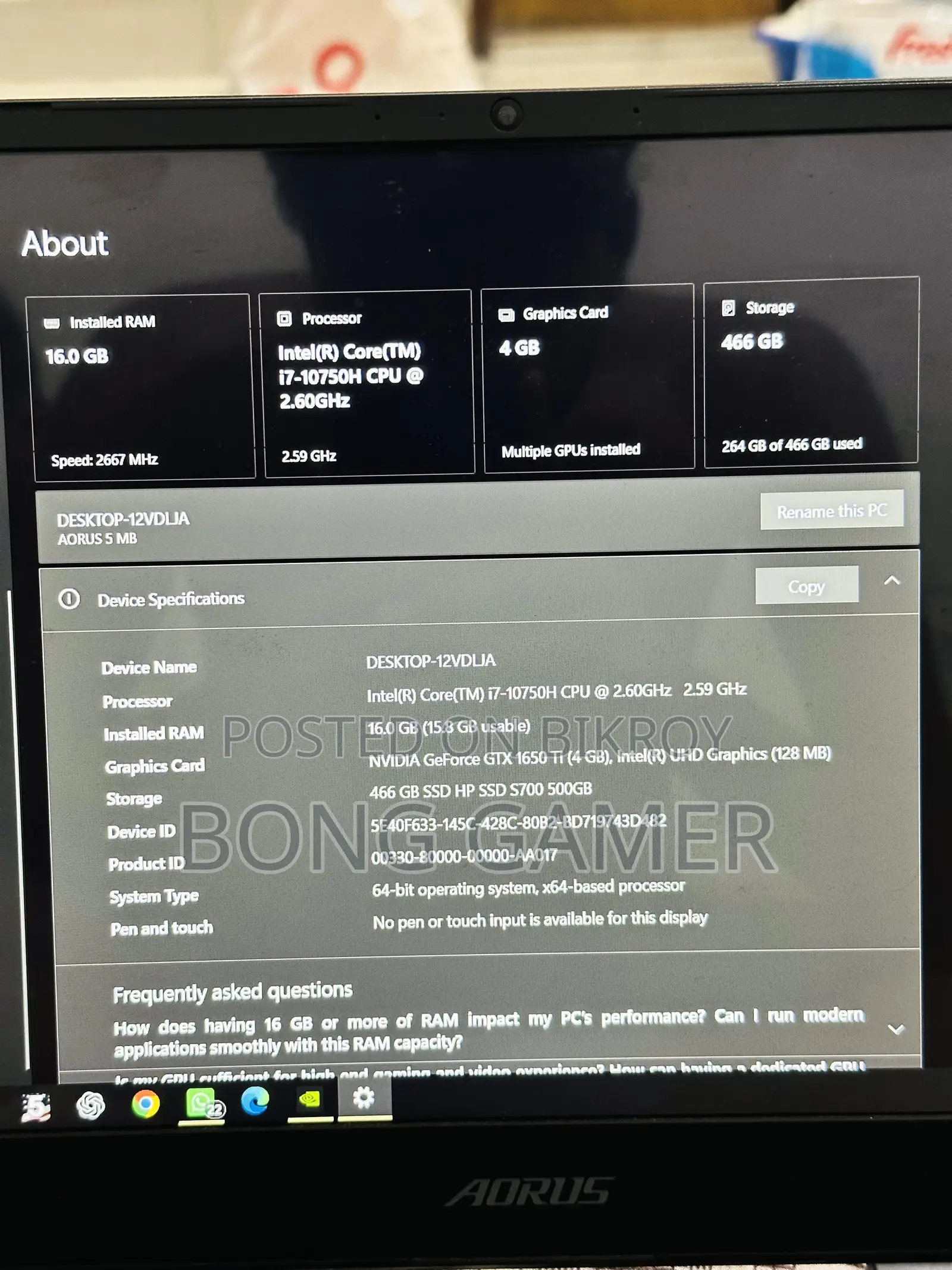 Laptop Gigabyte AORUS 5 16GB Intel Core i7 HDD+SSD 512GB