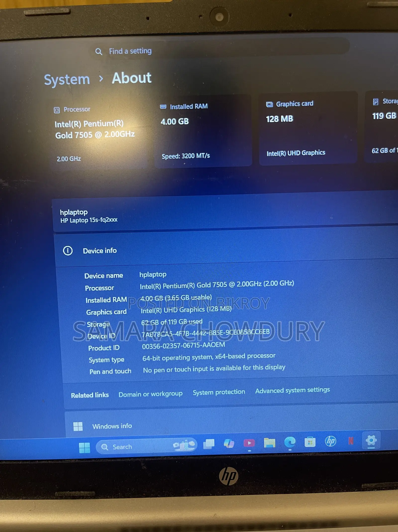 Laptop HP 15s 4GB Intel Pentium SSD 128GB