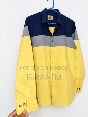 Stylish Men’s Full Sleeve Shirt – Navy Blue, Grey & Yellow – Size L