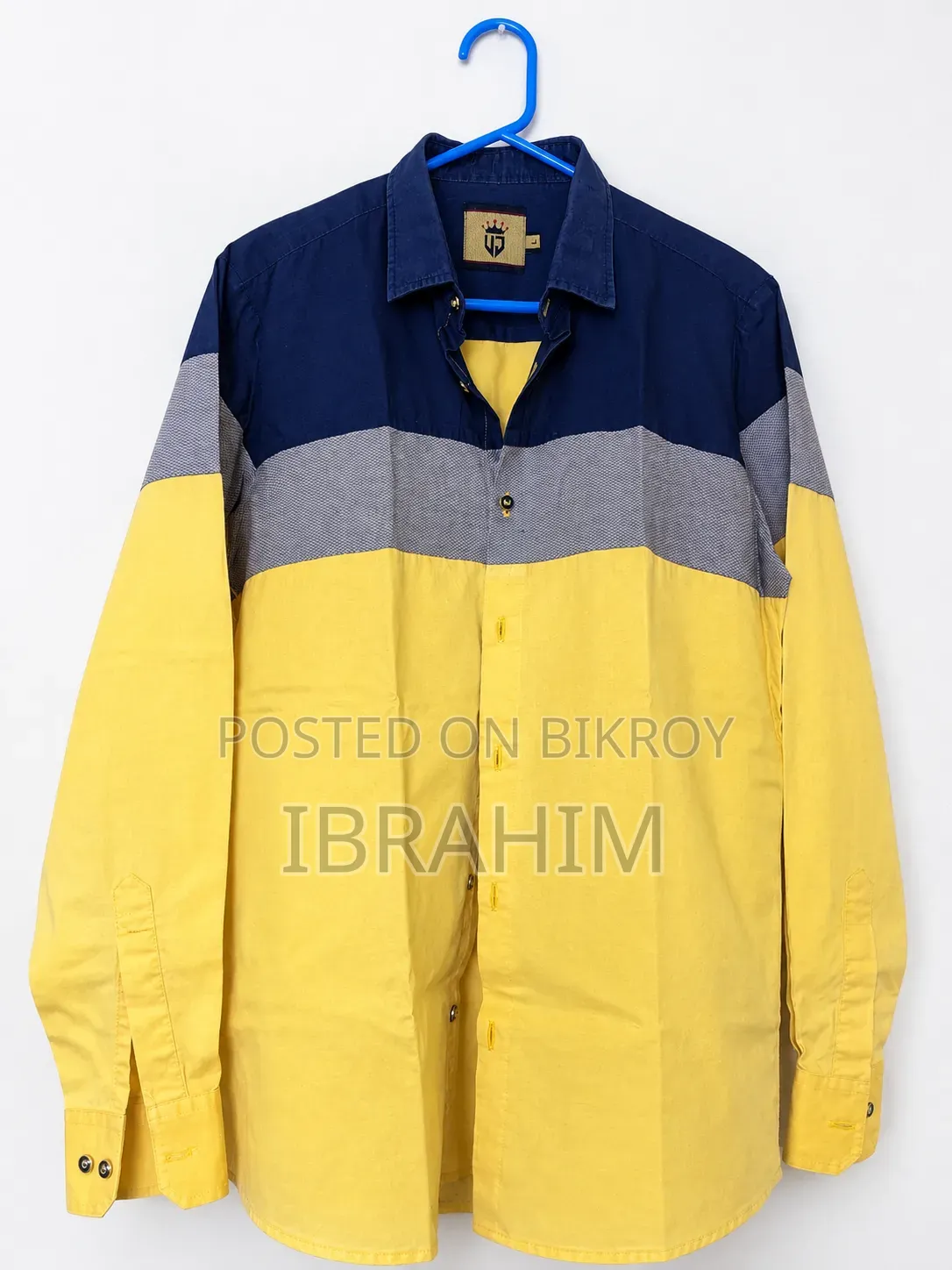 Stylish Men’s Full Sleeve Shirt – Navy Blue, Grey & Yellow – Size L