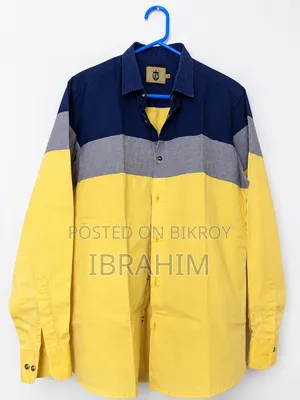 Stylish Men’s Full Sleeve Shirt – Navy Blue, Grey & Yellow – Size L