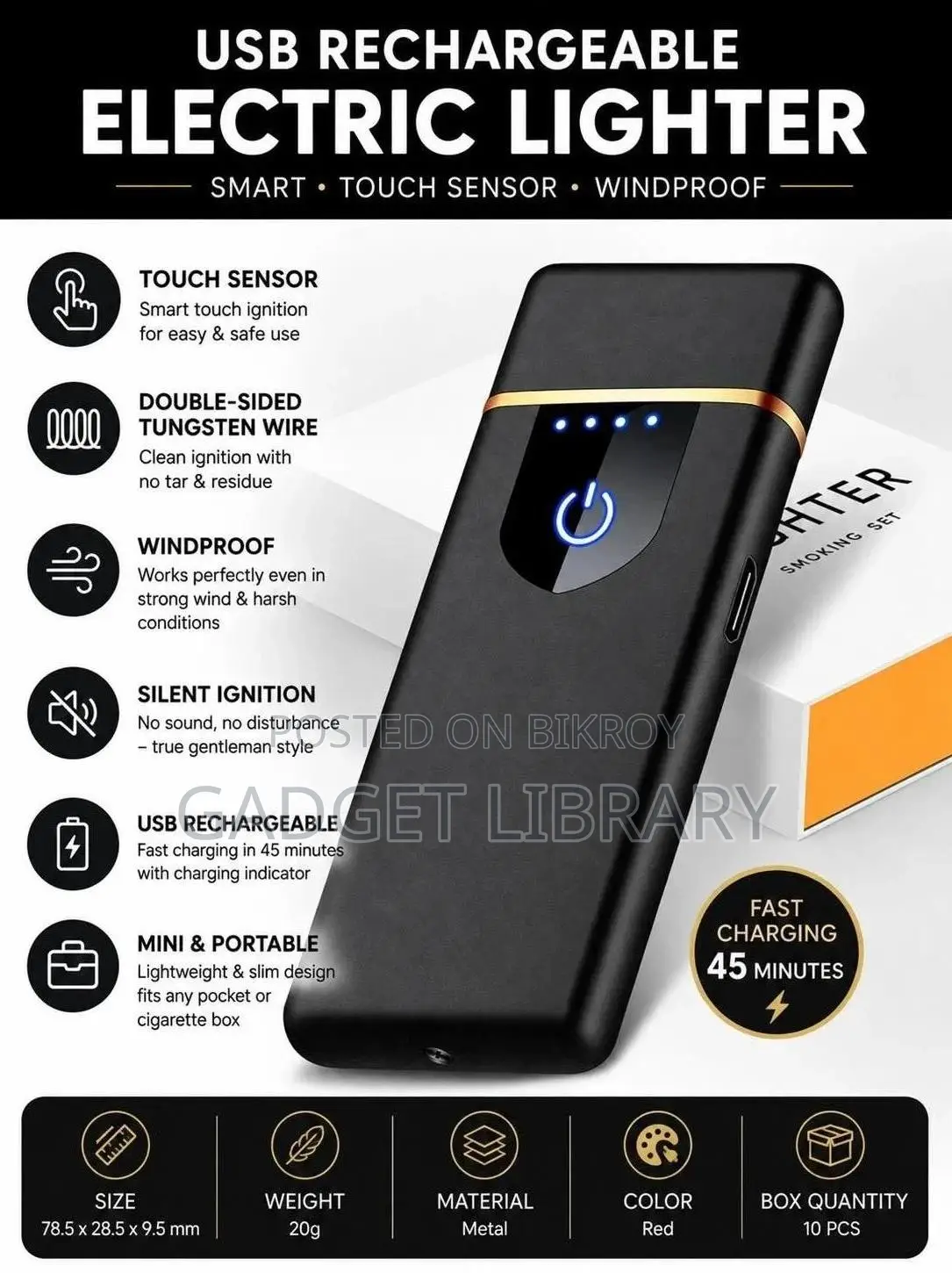 USB Rechargeable Electric Cigarette Lighter – Touch Sensor