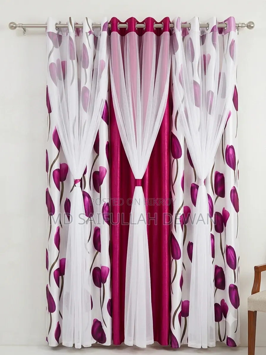 Premium Tulip Design Double-Layer Silk Curtain Set