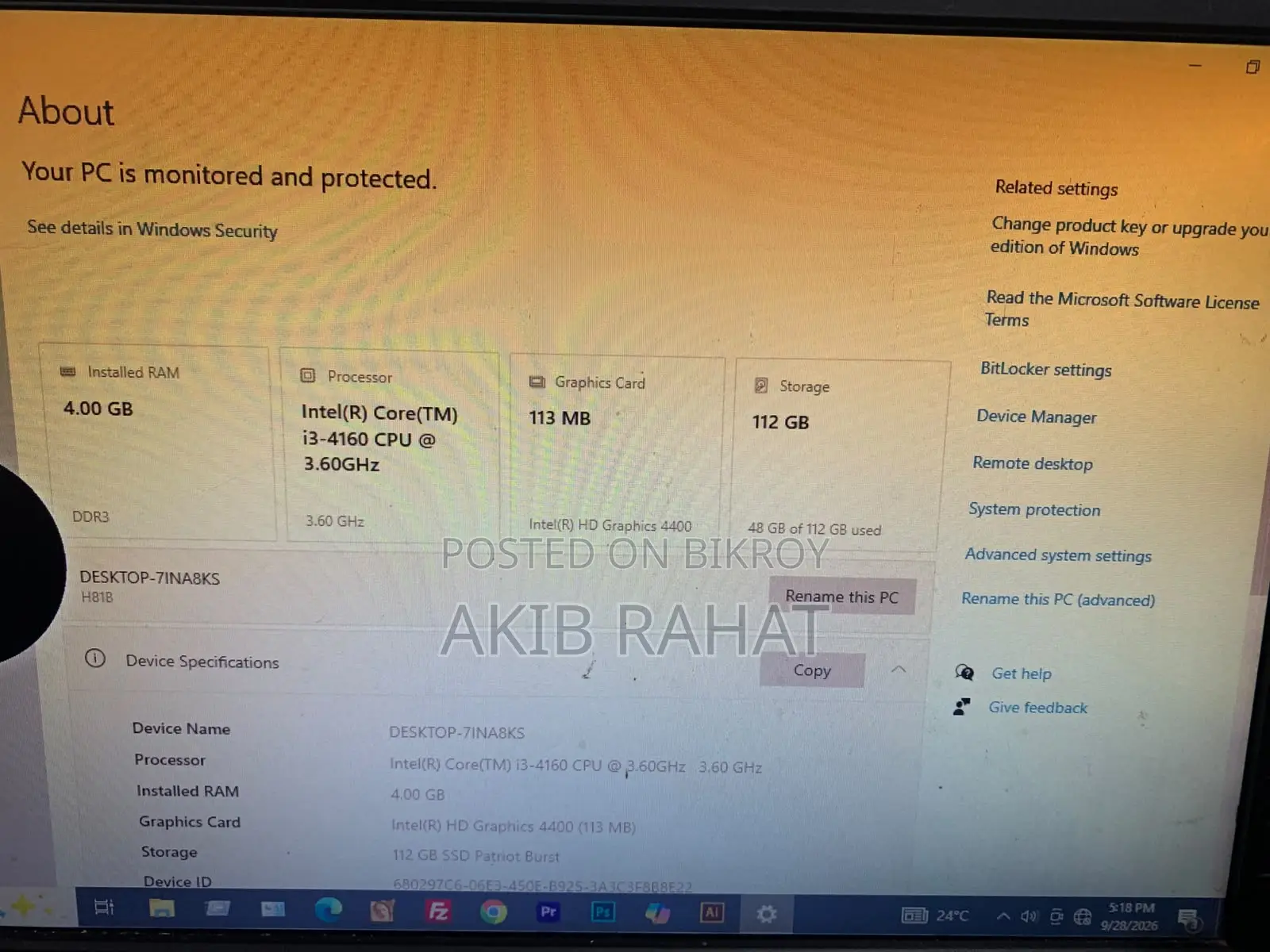 Desktop Computer 4GB Intel Core i3 SSD 128GB