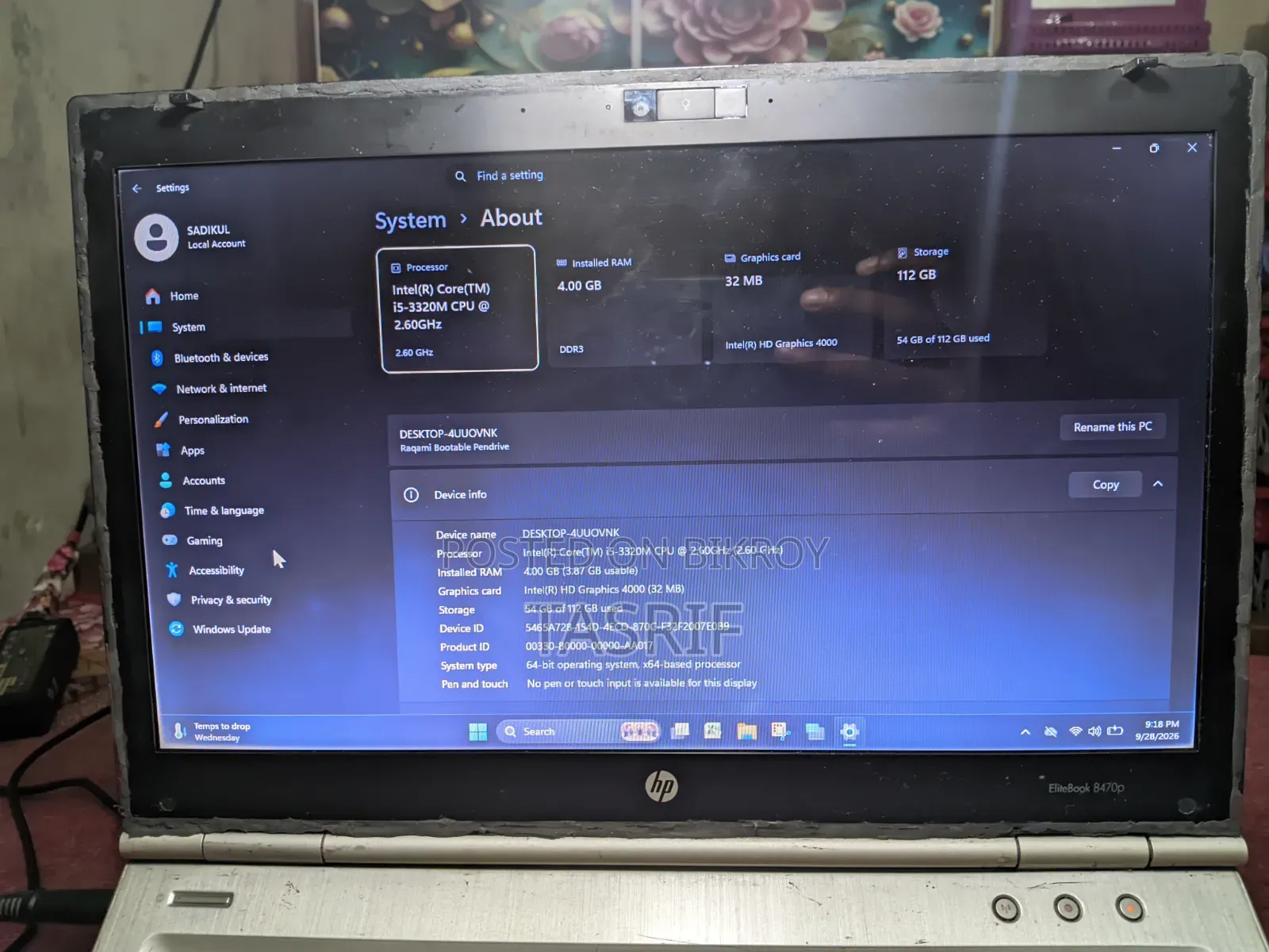 Laptop HP EliteBook 840 G8 4GB Intel Core i5 SSD 128GB
