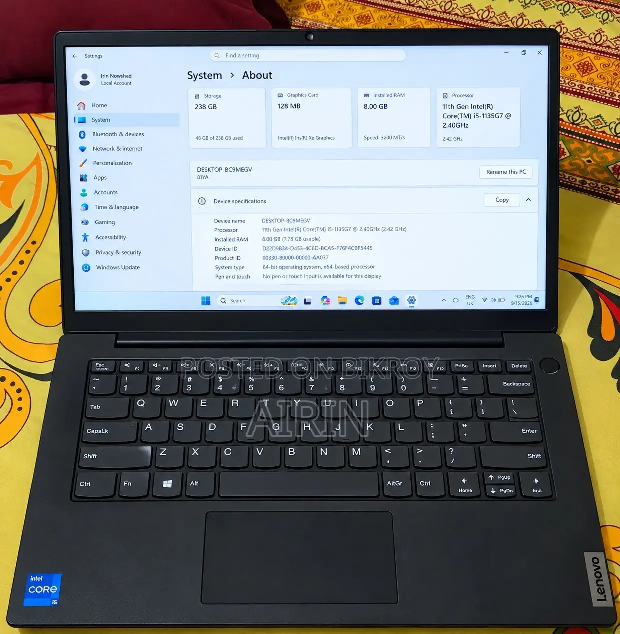 Laptop Lenovo 8GB Intel Core i5 SSD 256GB