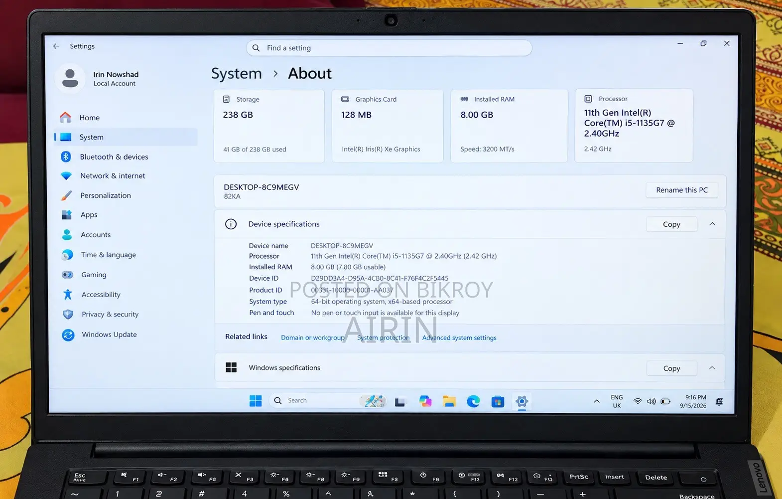 Laptop Lenovo 8GB Intel Core i5 SSD 256GB