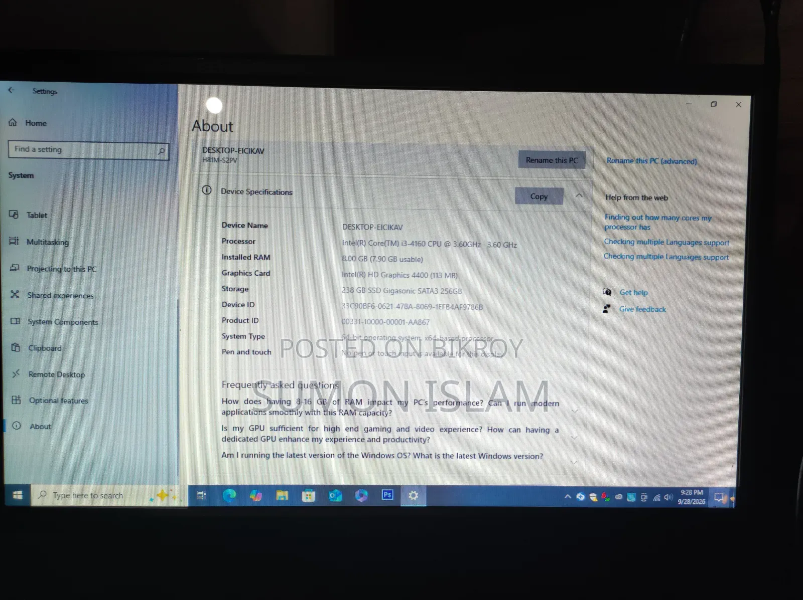 Desktop Computer Gigabyte GB-BACE-3150 8GB Intel Core i3 HDD 256GB
