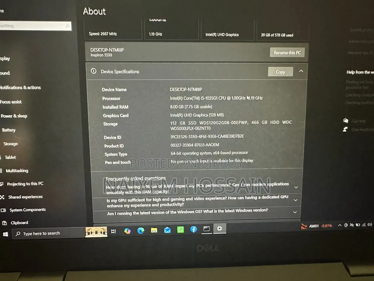 Laptop Dell Inspiron 15 8GB Intel Core i5 SSD 512GB