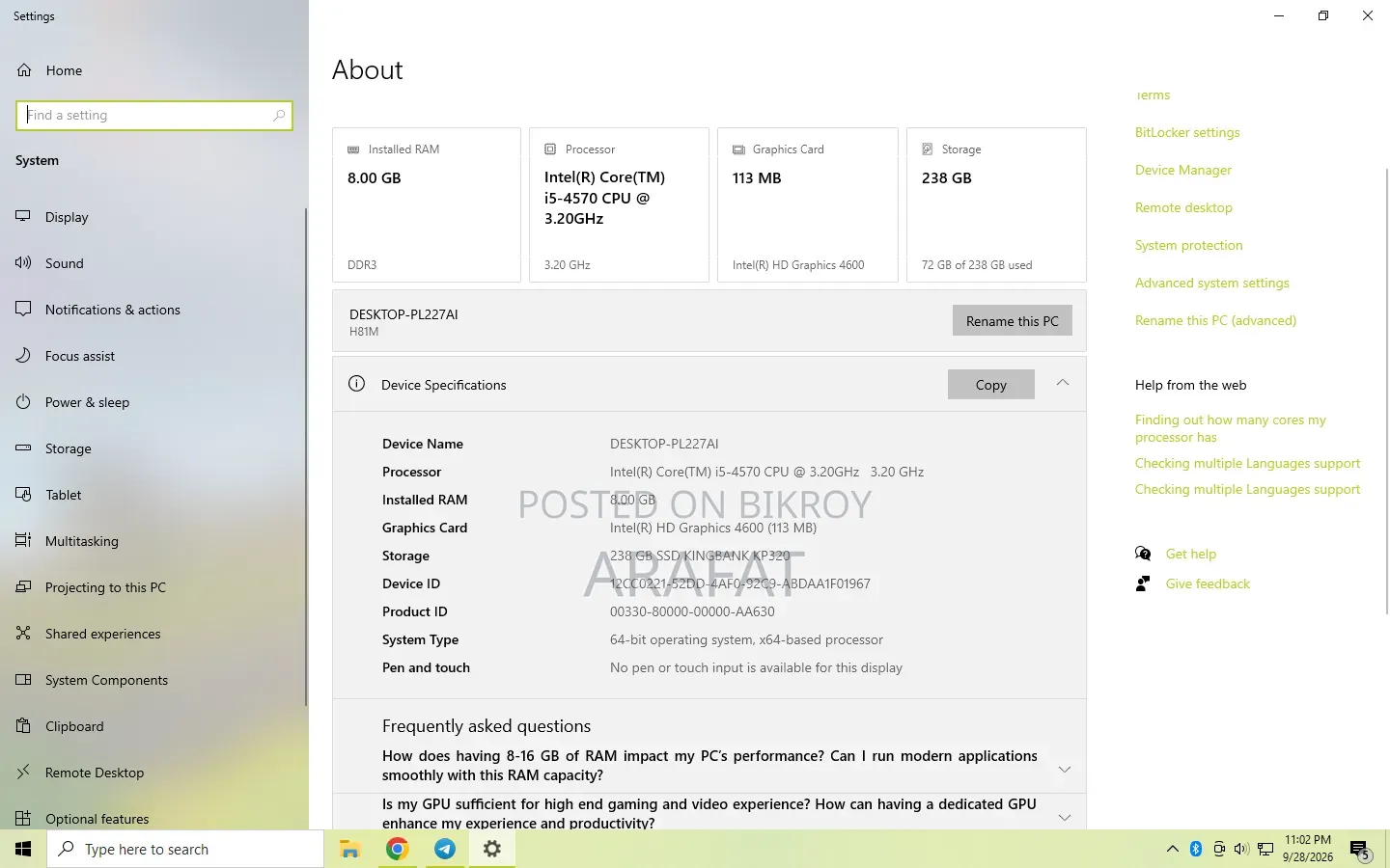 Desktop Computer 8GB Intel Core i5 SSD 256GB