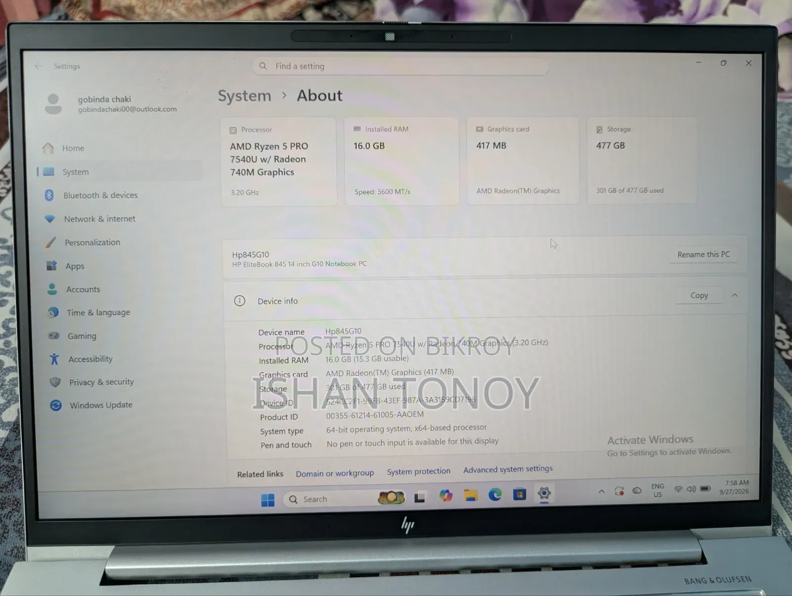 Laptop HP EliteBook 845 G10 16GB AMD Ryzen 5 SSD 512GB