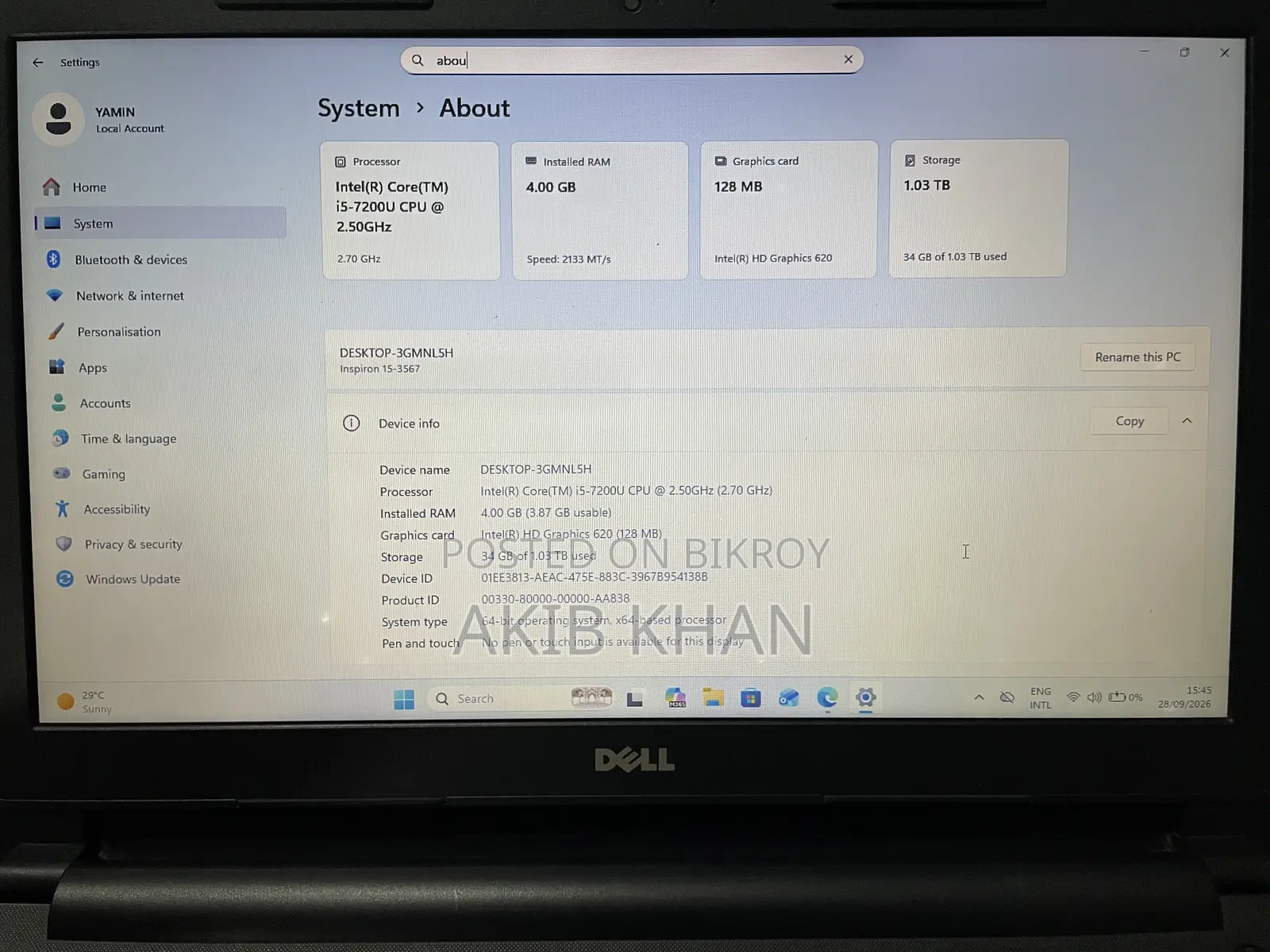 Dell Inspiron 15 4GB RAM Intel Core i5 128GB SSD Laptop