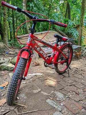 A gorgeous red children's bicycle.